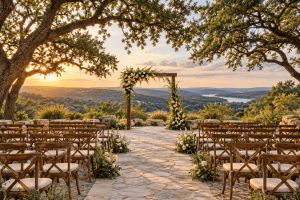 Outdoor Texas Hill Country wedding setting with live oaks and sunset views, illustrating a wedding weekend guide to Dripping Springs, Wimberley, and Canyon Lake.